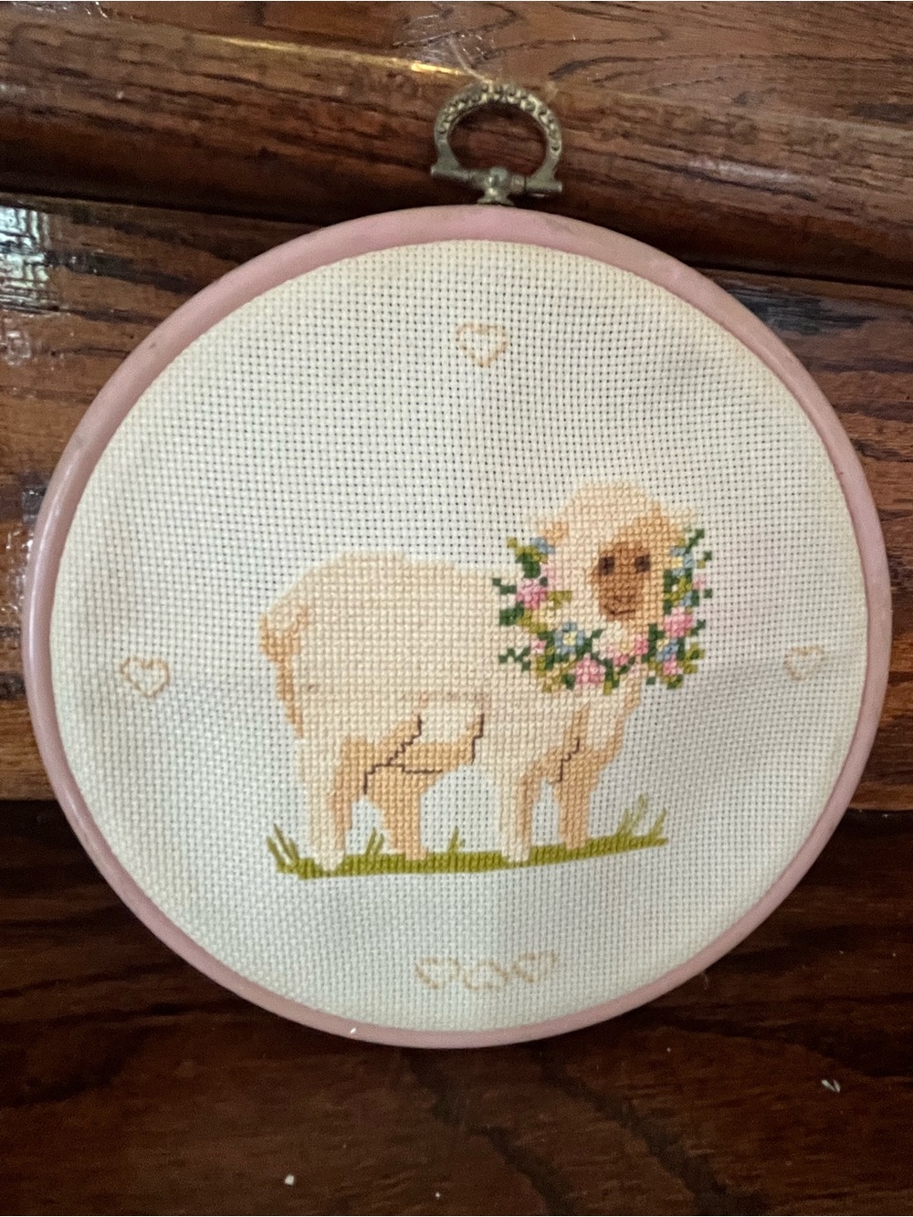 Vintage Cross Stitch Lamb Sheep Wall Hanging Floral Hoop Needlepoint Art
